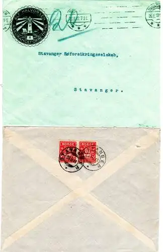 Norwegen 1917, Brief v. Trondheim n. Stavanger m. rs. Paar 10 öre Porto.