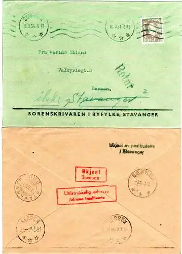 Norwegen 1954, 30 öre auf Retour-Brief v. Stavanger m. rs. Bergen Hinweisstempel
