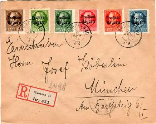 Bayern 1920, 6 versch. Ludwig Freistaat Marken auf Reko Brief v. München 40