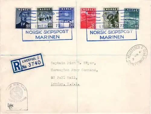 Norwegen 1943, 6 Werte Londonausgabe auf Reko Zensur Brief m. Stpl. NorskSN 72