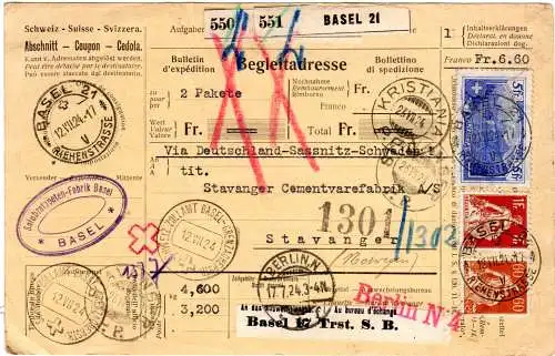 Schweiz 1924, 5+1 Fr.+60 C. auf Paketkarte v. Basel n. Norwegen.