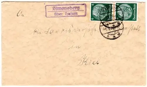 DR 1936, Landpost Stpl. SIMONSBERG über Husum auf Brief m. 2x6 Pf. 