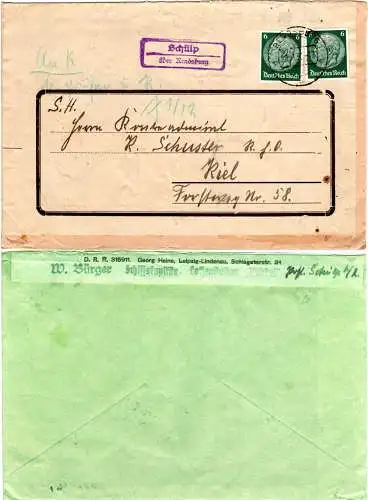 DR 1936, Landpost Stpl. SCHÜLP über Rendsburg auf Brief v. Nübbel m. 2x6 Pf. 