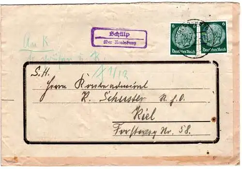 DR 1936, Landpost Stpl. SCHÜLP über Rendsburg auf Brief v. Nübbel m. 2x6 Pf. 