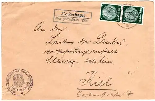 DR 1936, Landpost Stpl. NORDERSTAPEL über Friedrichstadt auf Brief m. 2x6 Pf. 