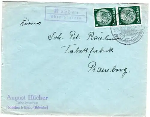 DR 1940, Landpost Stpl. ROHDEN über Rinteln auf Firmen-Brief m. 2x6 Pf. 