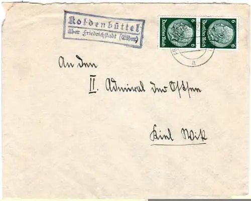 DR 1937, Landpost Stpl. KOLDENBÜTTEL über Friedrichstadt auf Brief m. 2x6 Pf 