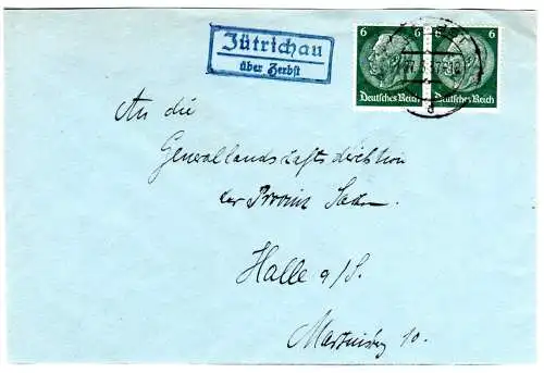 DR 1937, Landpost Stpl. JÜTRICHAU über Zerbst auf Brief m. 2x6 Pf.