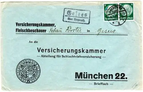 DR 1936, Landpost Stpl. GESEES über Bayreuth auf Brief m. 2x6 Pf.