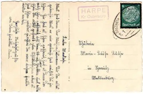 DR 1934, Landpost Stpl. HARPE Kr. Osterburg über auf Karte m. 6 Pf. u. Bahnpost