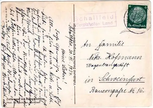 DR 1934, Landpost Stpl. SCHALLFELD Gerolzhofen Land auf Karte m. 6 Pf. 