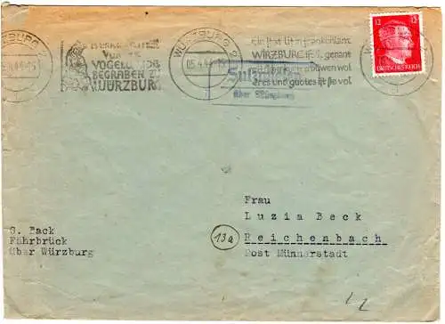 DR 1944, Landpost Stpl. SULZWIESEN über Würzburg auf Brief m. 12 Pf. 