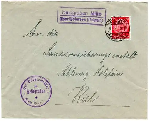 DR 1936, Landpost Stpl. HEIDGRABEN MITTE über Uetersen (Holstein) auf Amtsbrief 