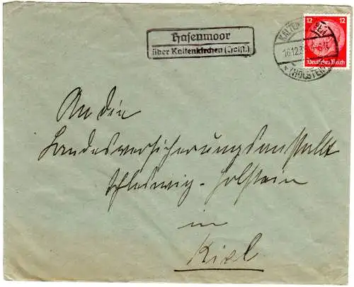 DR 1935, Landpost Stpl. HASENMOOR über Kaltenkirchen auf Brief m. 12 Pf.