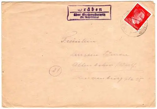 DR 1942, Landpost Stpl. GRÄBEN über Großwusterwitz auf Brief m. 12 Pf.