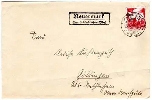 DR 1936, Landpost Stpl. NEUERMARK über Schönhausen (Elbe) auf Brief m. 12 Pf.