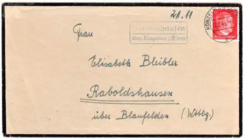 DR 1943, Landpost Stpl. HERMUTHAUSEN über Künzelsau (Württ.) auf Brief m. 12 Pf.