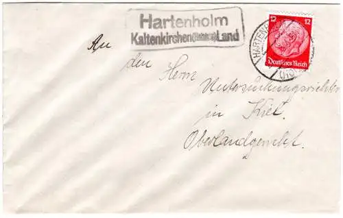 DR 1938, Landpost Stpl. HARTENHOLM über Kaltenkirchen Land auf Brief m. 12 Pf.