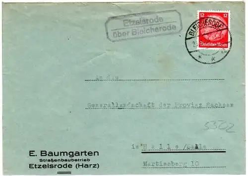 DR 1934, Landpost Stpl. ETZELSRODE über BLEICHERODE auf Firmen Brief m. 12 Pf.