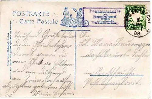 Bayern 1908, Posthilfstelle SAALDORF Taxe Freilassing auf AK m. Bahnpost-K1