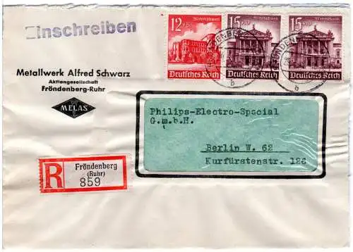 DR 1941, 12+2x15 Pf. WHW auf Firmen Einschreiben Brief v. Fröndenberg (Ruhr)