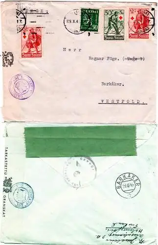 Finnland 1940, 4 Marken auf Brief m Doppelzensur v. Helsinki n. Norwegen