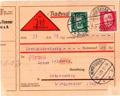 DR 1929, 8+15 Pf. m. Firmenlochung auf Nachnahme Paketkarte v. Heilbronn