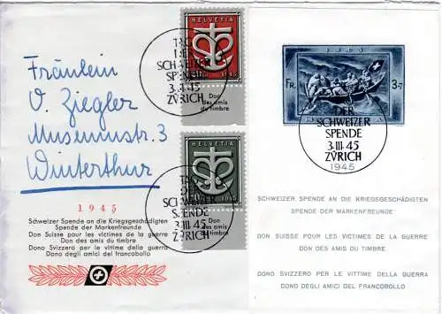 Schweiz 1945, Block 11 auf Brief m. 2 weiteren Marken u. entspr. Sonderstempel