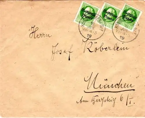 Bayern 1919, MeF 3x5 Pf. Ludwig-Volksstaat auf Brief v. Königshofen i. Grf.