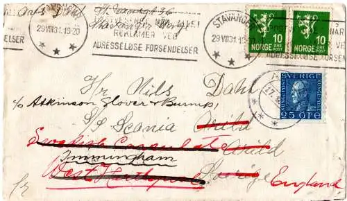 Norwegen 1931, 2x10 öre auf Brief v. Stavanger, Nachsendung m. 25 öre Schweden