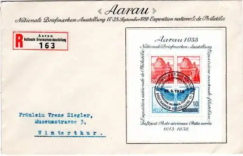 Schweiz 1938, Block 4 auf R-Brief v.d. Nationalen Briefmarken-Ausstellung Aarau