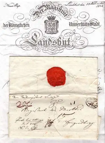 Bayern 1824, ovaler Fahrpoststpl. "von Landshut No." auf Brief n. Hengersberg