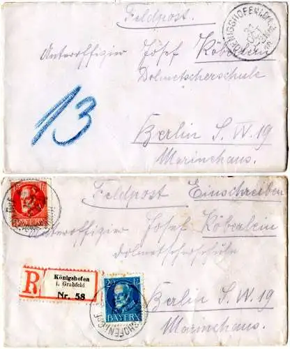 Bayern 1918, 2 Feldpost Briefe v. Königshofen i. Grf., 1mal per Einschreiben