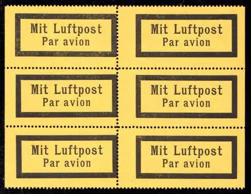 Mit Luftpost Par Avion, gelber Aufkleber, li.+re. ungezähnter 6er Block m. Gummi