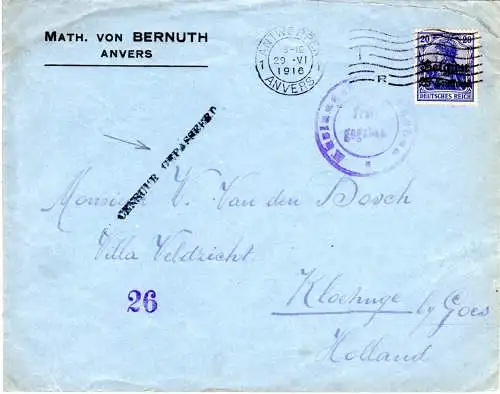 Belgien 1916, 25 C. auf Brief m. L1 Censuur Gepasseerd v. Anvers i.d. NL. 