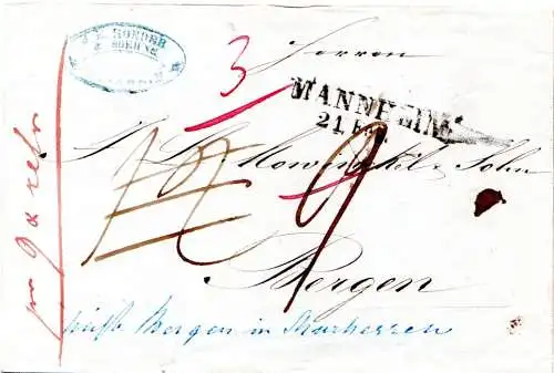 Baden 1852, L2 Mannheim auf Brief n. Norwegen, fehlgeleitet n. Bergen T & Taxis