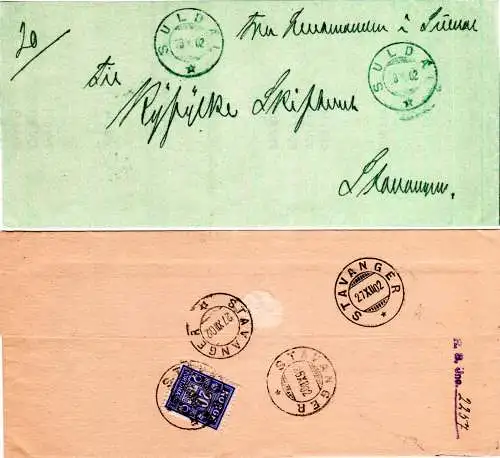 Norwegen 1902, Brief v. Suldal n. Stavanger m. rs. 20 öre Porto.