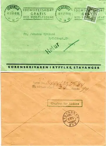 Norwegen 1957, 35 öre auf Orts-Retour-Brief v. Stavanger m. rs. Hinweisstempeln