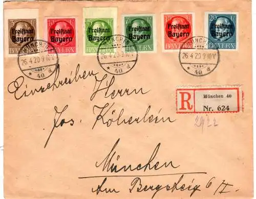Bayern 1920, 6 geschnittene Ludwig Freistaat Werte auf Reko Brief v. München 40