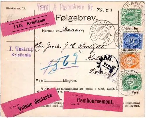 Norwegen 1915, 4 Marken auf Nachnahme Wert Paketkarte v. Kristiania n. Schweden