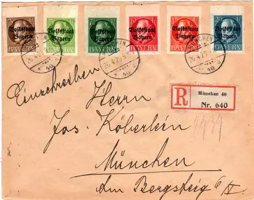 Bayern 1920, 6  geschn. Ludwig Volksstaat Werte auf Reko Brief v. München 40