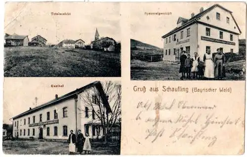 Gruss aus Schaufling m. Gasthof u. Spezerei, 1916 m. Reservestpl. gebr. sw-AK