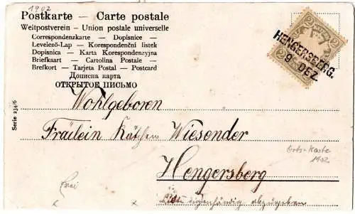 Bayern 1902, Aushilf-L2 Hengersberg auf (unten verkürzter) Orts-Karte m. 2 Pf.