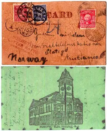 USA 1906, Leder Postkarte m. 2 C. u. 4+20 öre Norwegen Portomarken