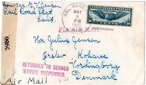 USA 9.5.1945, Brief m. 30 C. n. Dänemark m. RETURN TO SENDER SERVICE SUSPENDED