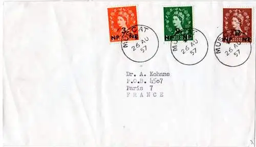 Muscat 1957, 3 GB Elizabeth Überdruck-Marken auf Brief n. Frankreich