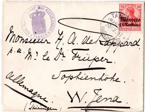 DP Marokko 1907, 10 C. auf Konsulatsbrief v. Tanger n. Jena