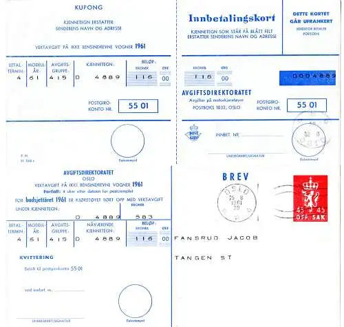 Norwegen 1961, gebr. 45 öre Off. Sak Privatganzsache Vektafgift