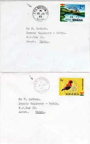 Ghana 1964/65, 2 Briefe m. verschiedenen Bahnpost Stempeln