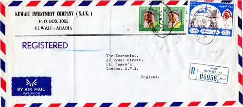 Kuwait 1964, 3 stamps on commercial registered Air Mail cover to GB.